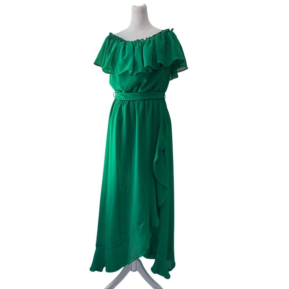 SLNY Green Ruffled Belted Maxi Dress